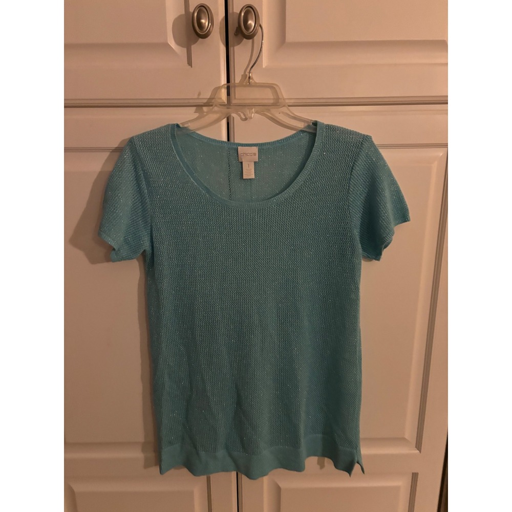 Chicos Short Sleeve Mesh Sparkle Knit Top Aqua‎ Blue Womens Size 1
